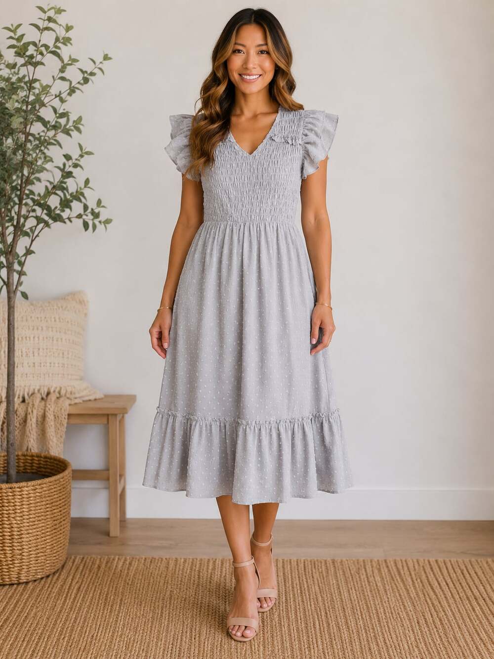 Orange Creek Blue Swiss Dot Smocked Midi Dress Flutter Sleeve Size S Boho